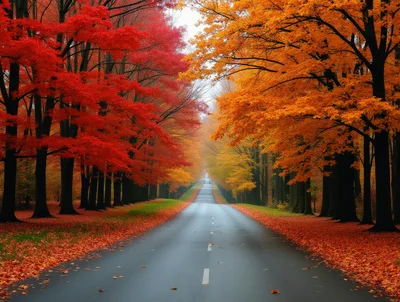 Empty Asphalt Road Through Vibrant Autumn Forest