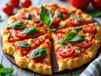 Fresh Margherita Pizza With Basil And Cherry Tomatoes
