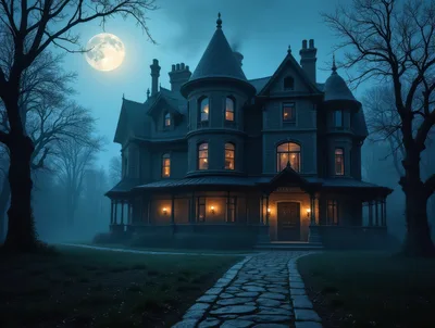 Haunted Victorian Mansion Under Full Moon