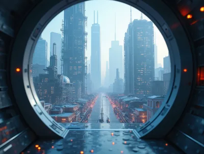 Futuristic Cityscape View Through A Circular Spacecraft Window