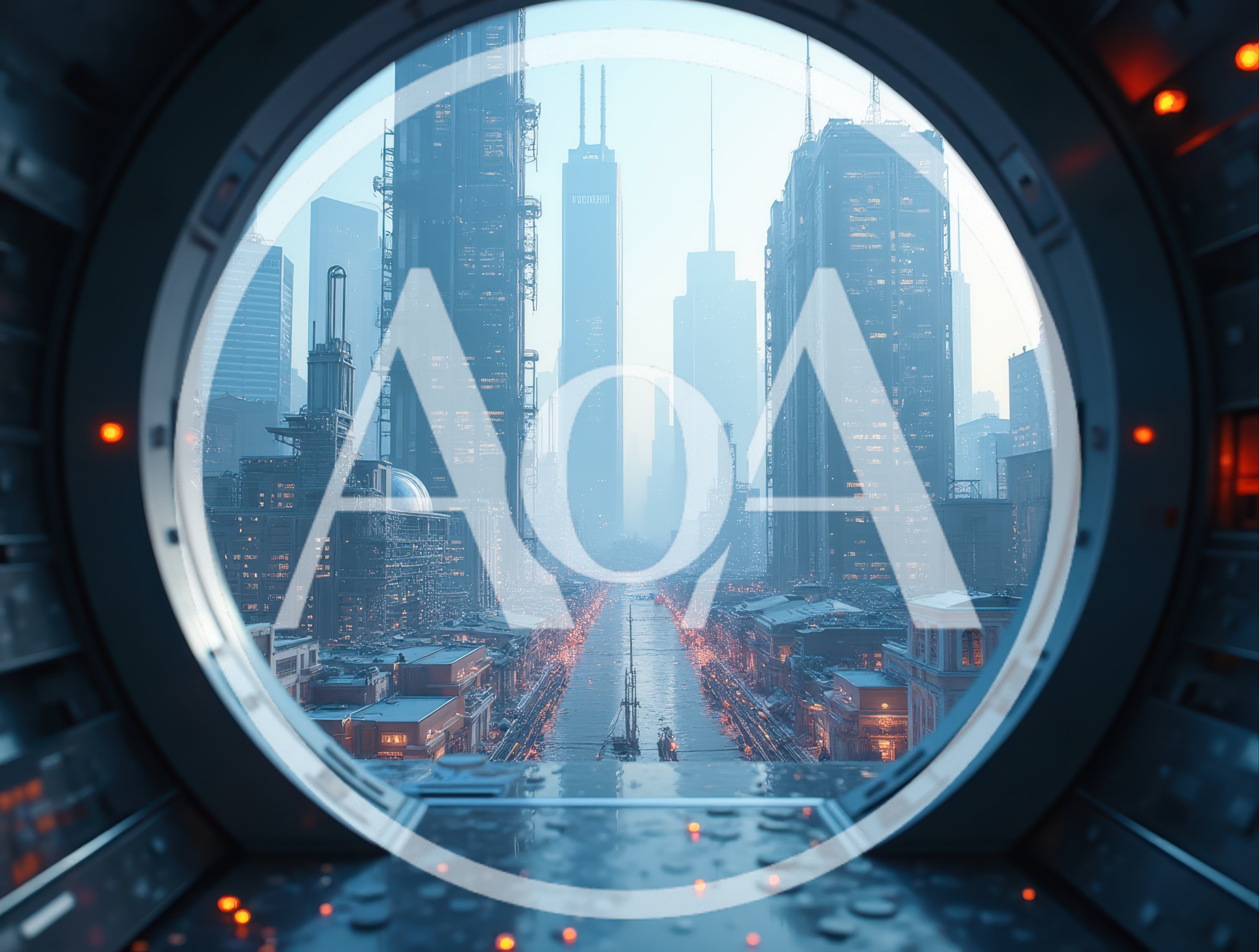 Futuristic Cityscape View Through A Circular Spacecraft Window