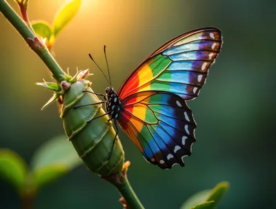 Rainbow Colored Butterfly Resting On A Green Plant Stem
