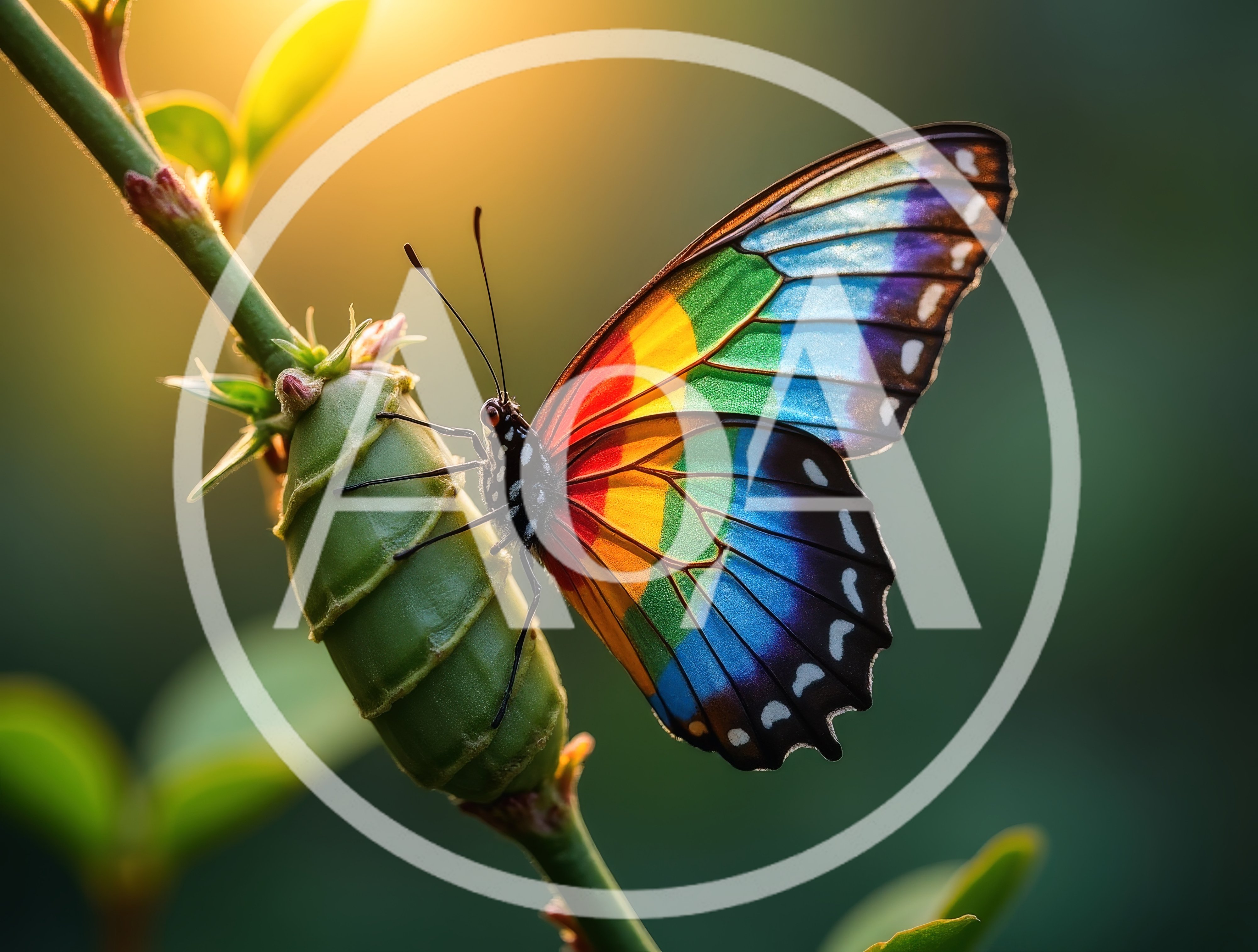Rainbow Colored Butterfly Resting On A Green Plant Stem