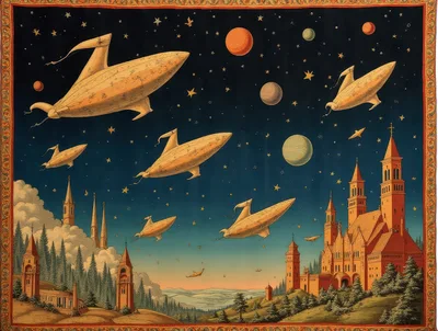 Surreal Fantasy Landscape With Flying Airships And Medieval Architecture