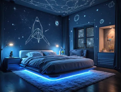 Modern Bedroom With Space Themed Wall Art And Lighting