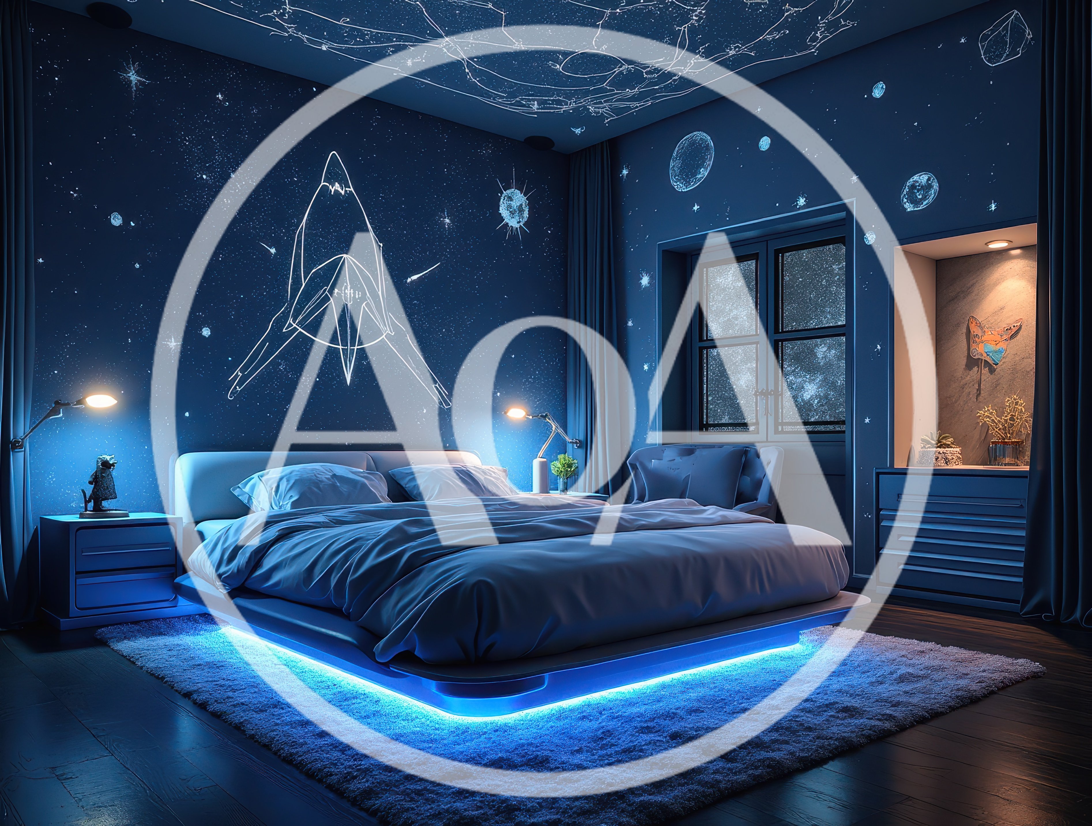 Modern Bedroom With Space Themed Wall Art And Lighting
