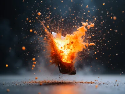 Smartphone Exploding With Bright Orange Dust Particles