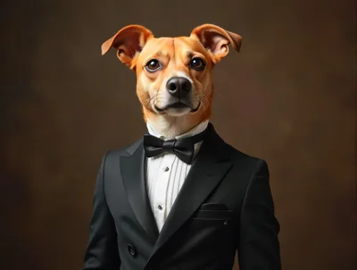 Portrait Of A Dog Wearing A Formal Tuxedo