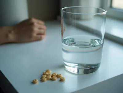 Pills And A Glass Of Water On A Table