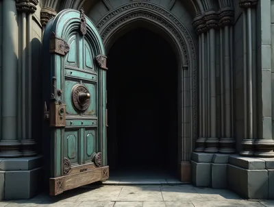 Ornate Teal Wooden Door Open To Dark Entrance