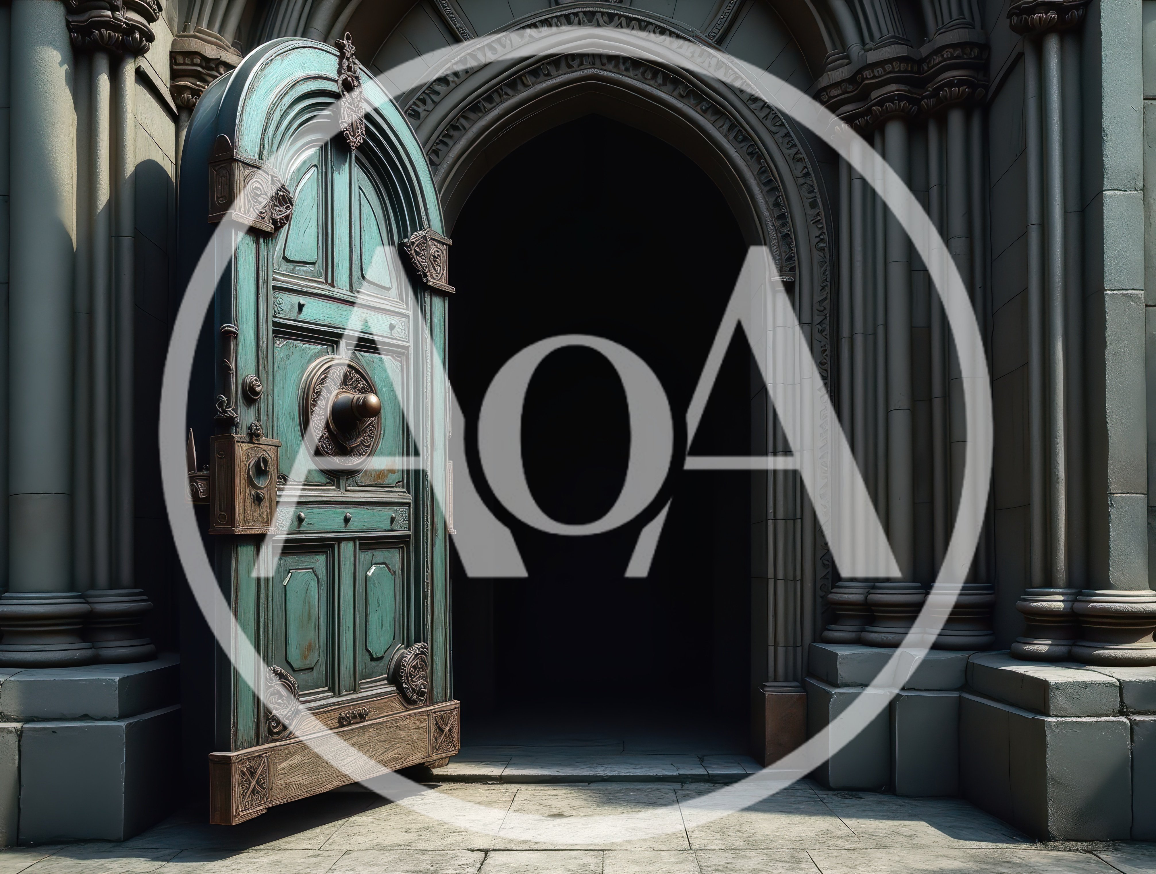 Ornate Teal Wooden Door Open To Dark Entrance