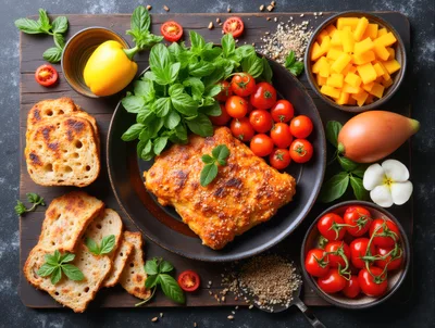 Gourmet Baked Casserole Dish With Fresh Vegetables And Bread