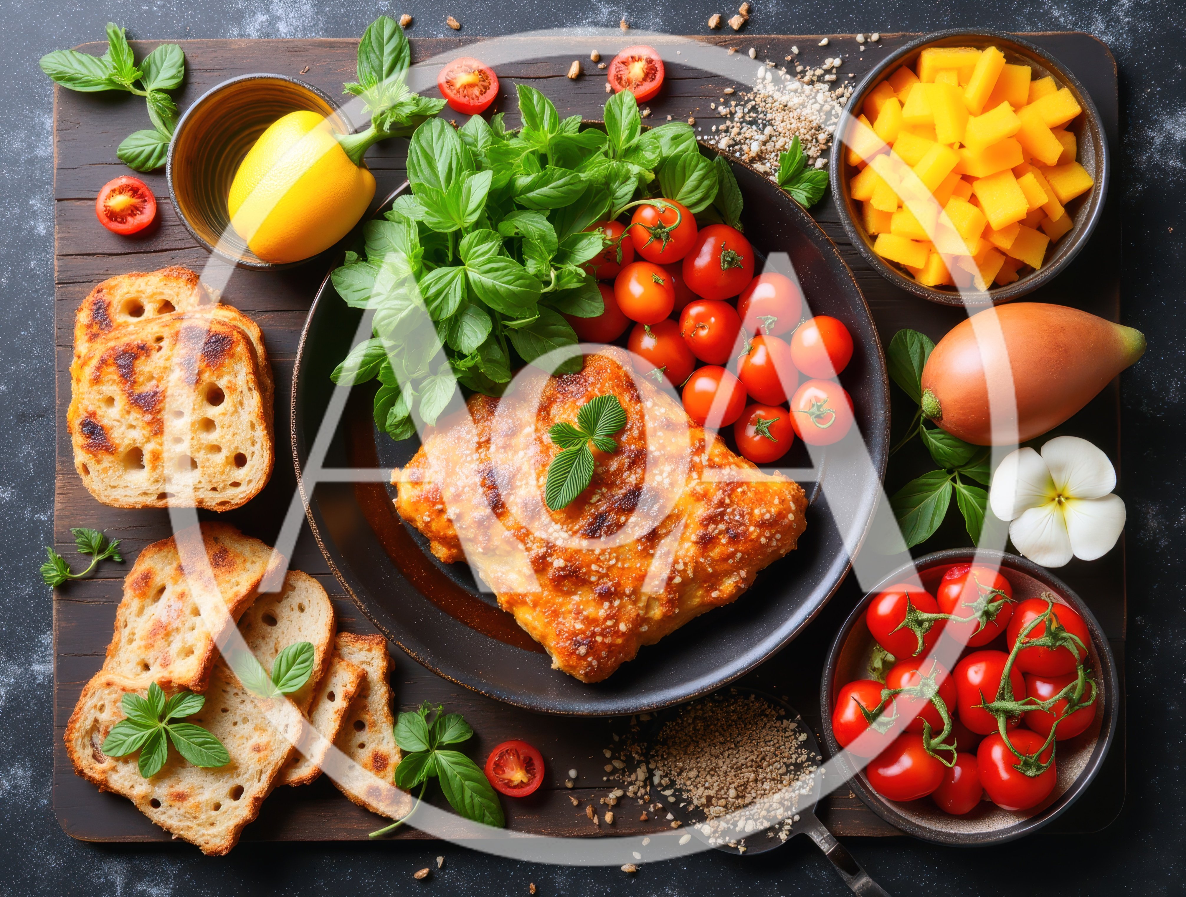 Gourmet Baked Casserole Dish With Fresh Vegetables And Bread