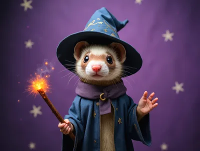 Cute Ferret Wizard Holding A Glowing Magic Wand