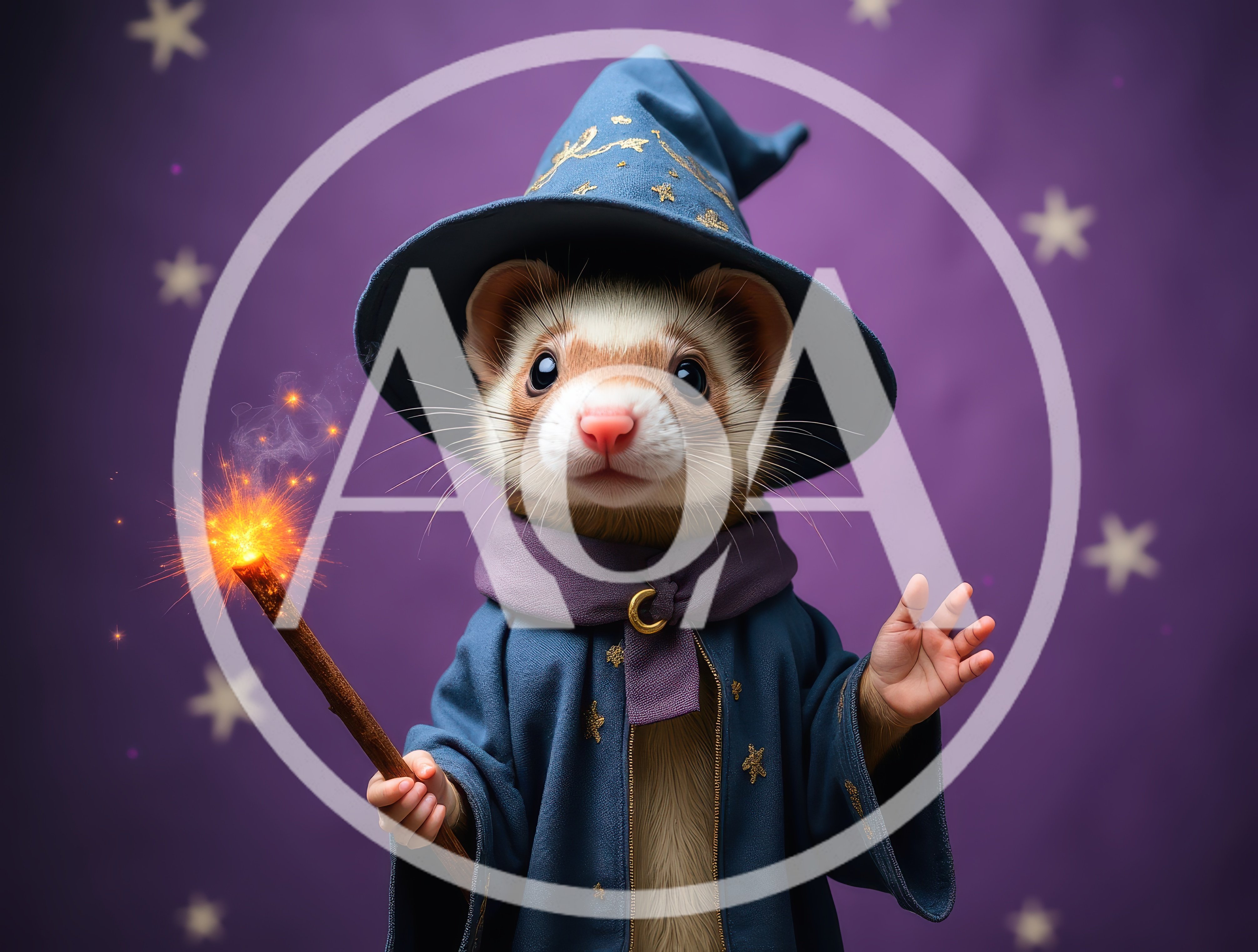 Cute Ferret Wizard Holding A Glowing Magic Wand