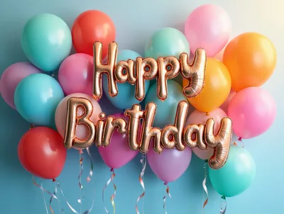 Happy Birthday Gold Foil Balloons Against Pastel Background