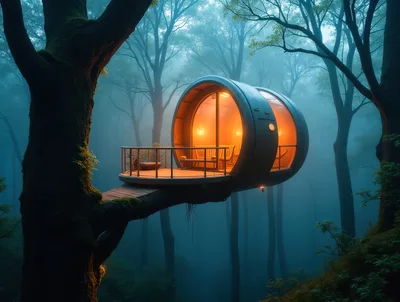 Modern Cylindrical Treehouse Cabin In Misty Forest