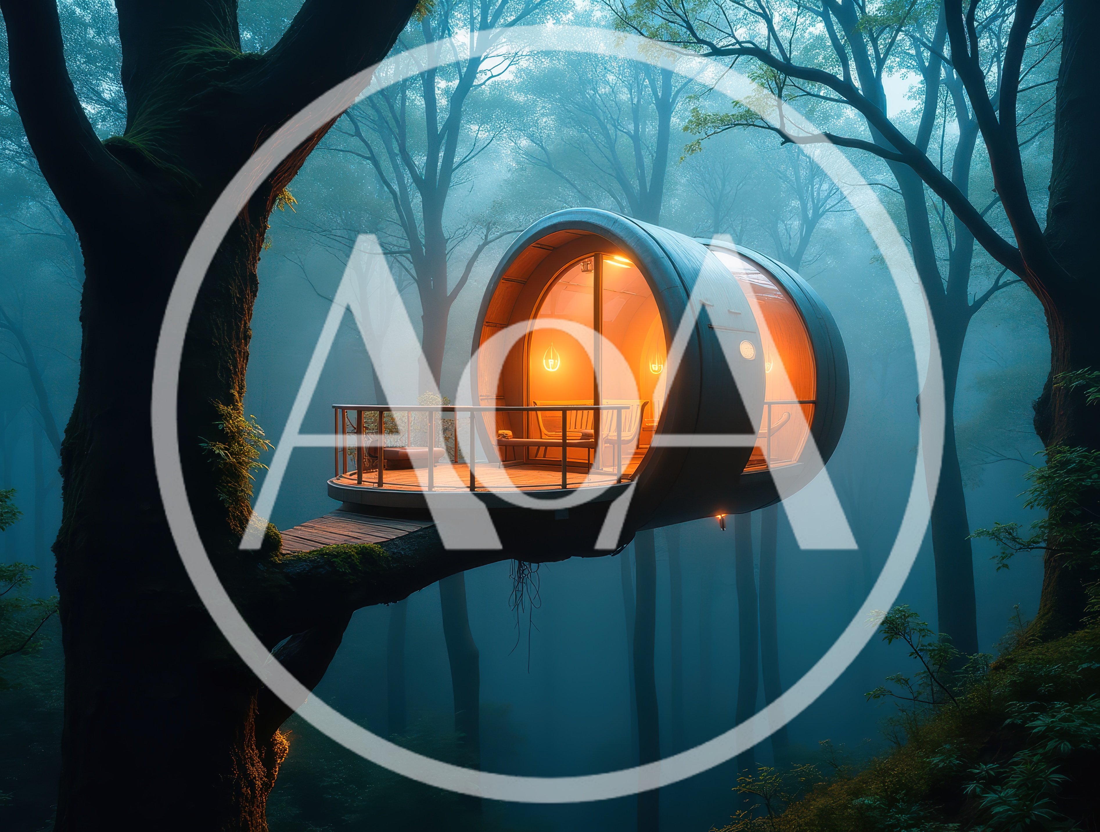 Modern Cylindrical Treehouse Cabin In Misty Forest