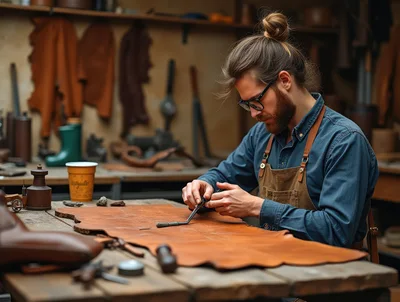 Artisan Leatherworker Crafting Custom Goods In Workshop
