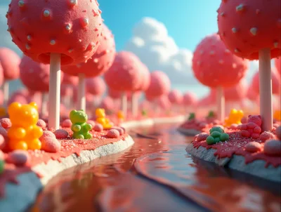 Whimsical Candy Landscape With Gummy Bears And Trees