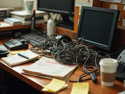 Messy Office Desk With Tangled Cables And Paperwork