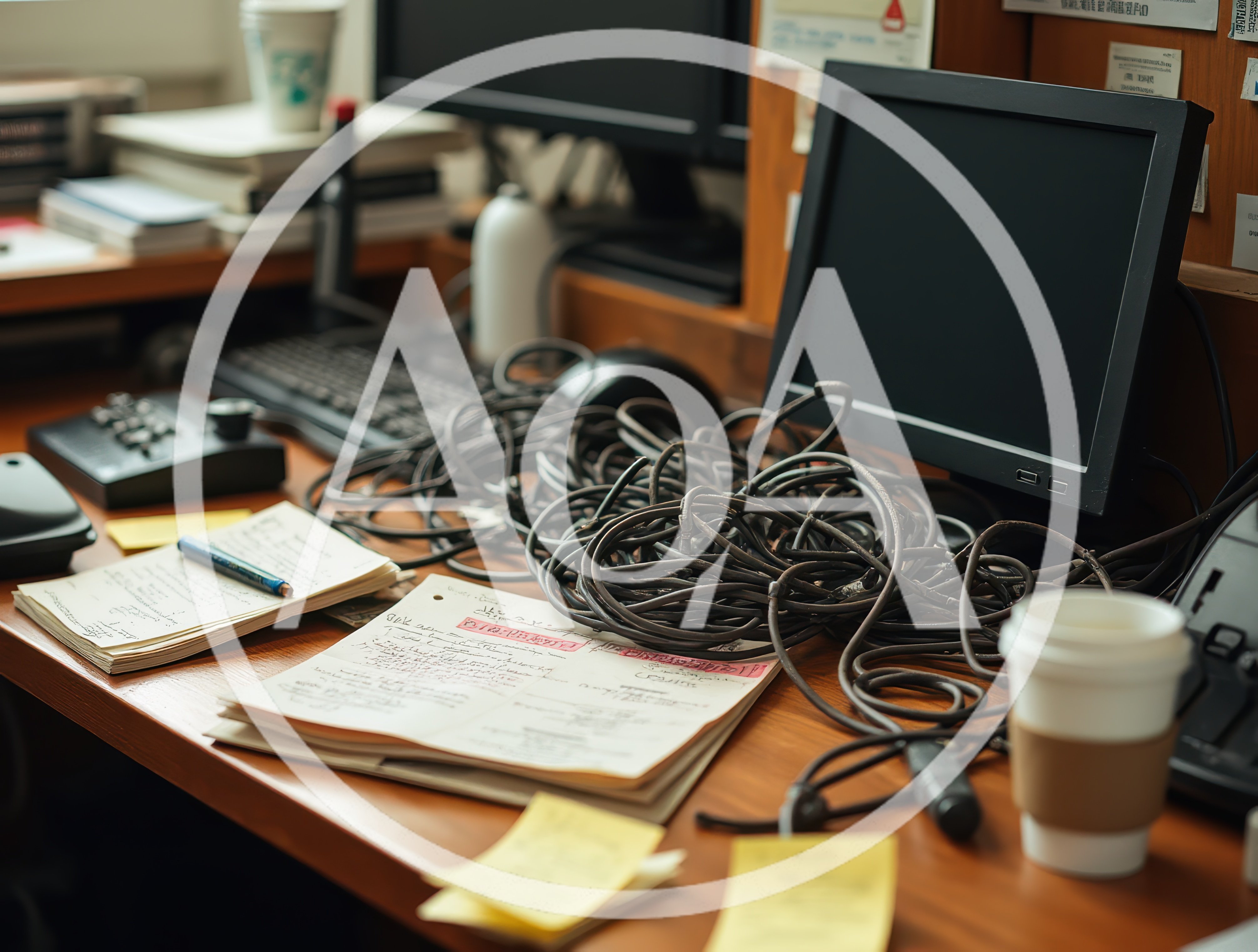 Messy Office Desk With Tangled Cables And Paperwork