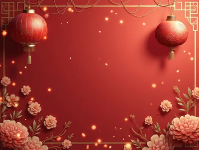 Chinese New Year Red Background With Lanterns And Flowers