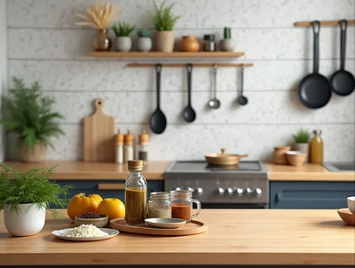 Kitchen Countertop With Spices And Fresh Produce