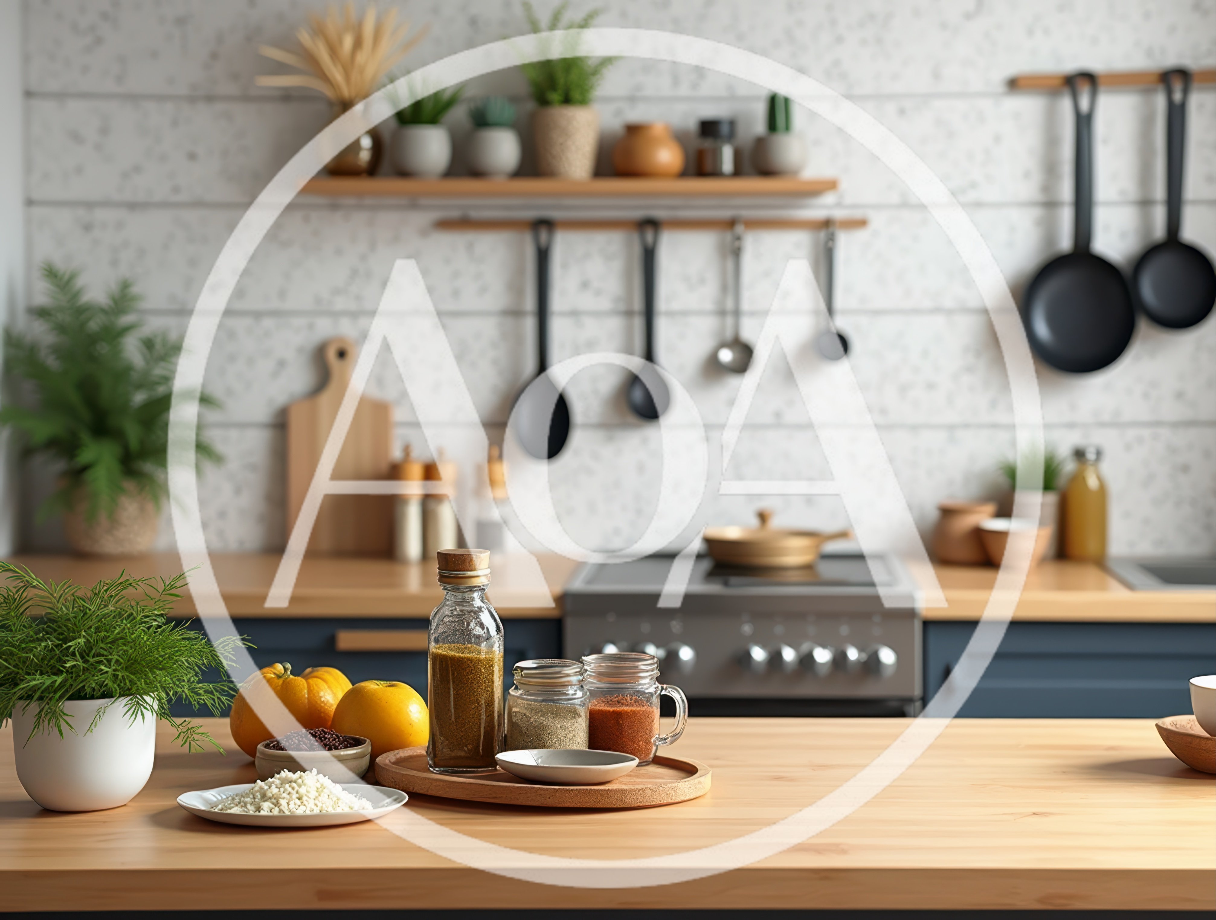 Kitchen Countertop With Spices And Fresh Produce