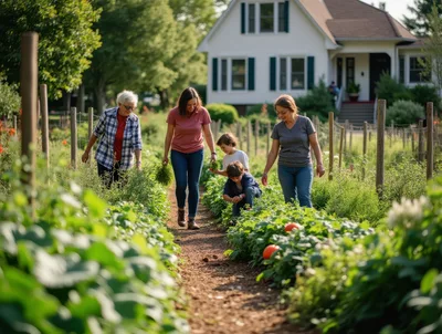 Multi-Generational Family Gardening Together In A Sunny Backyard