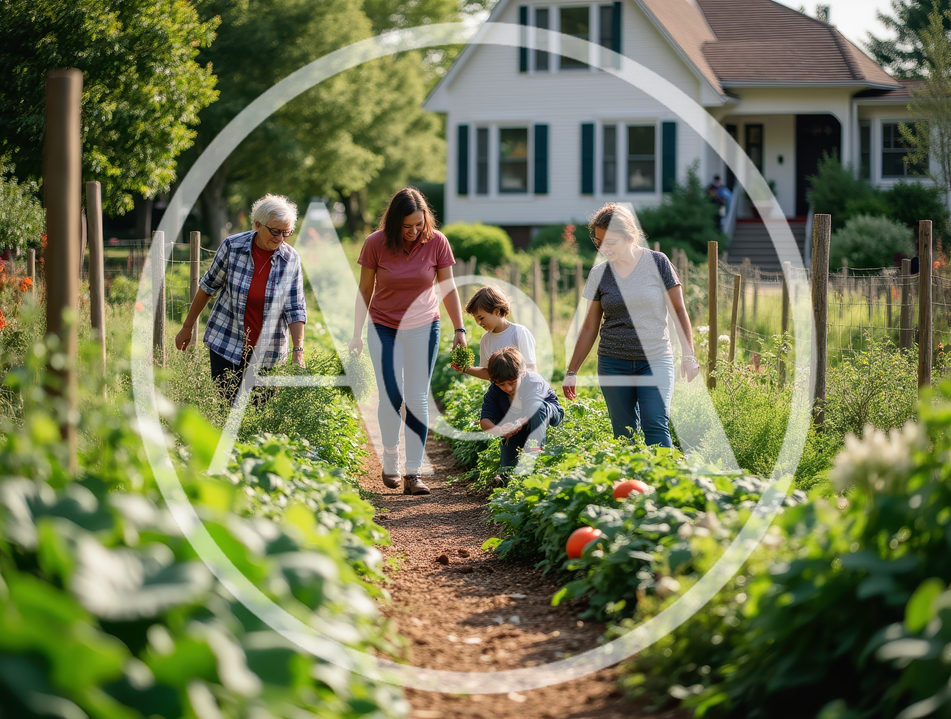 Multi-Generational Family Gardening Together In A Sunny Backyard