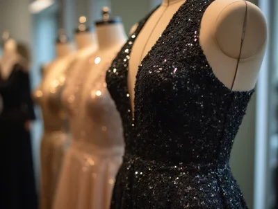 Row Of Elegant Sequin Evening Gowns On Mannequins