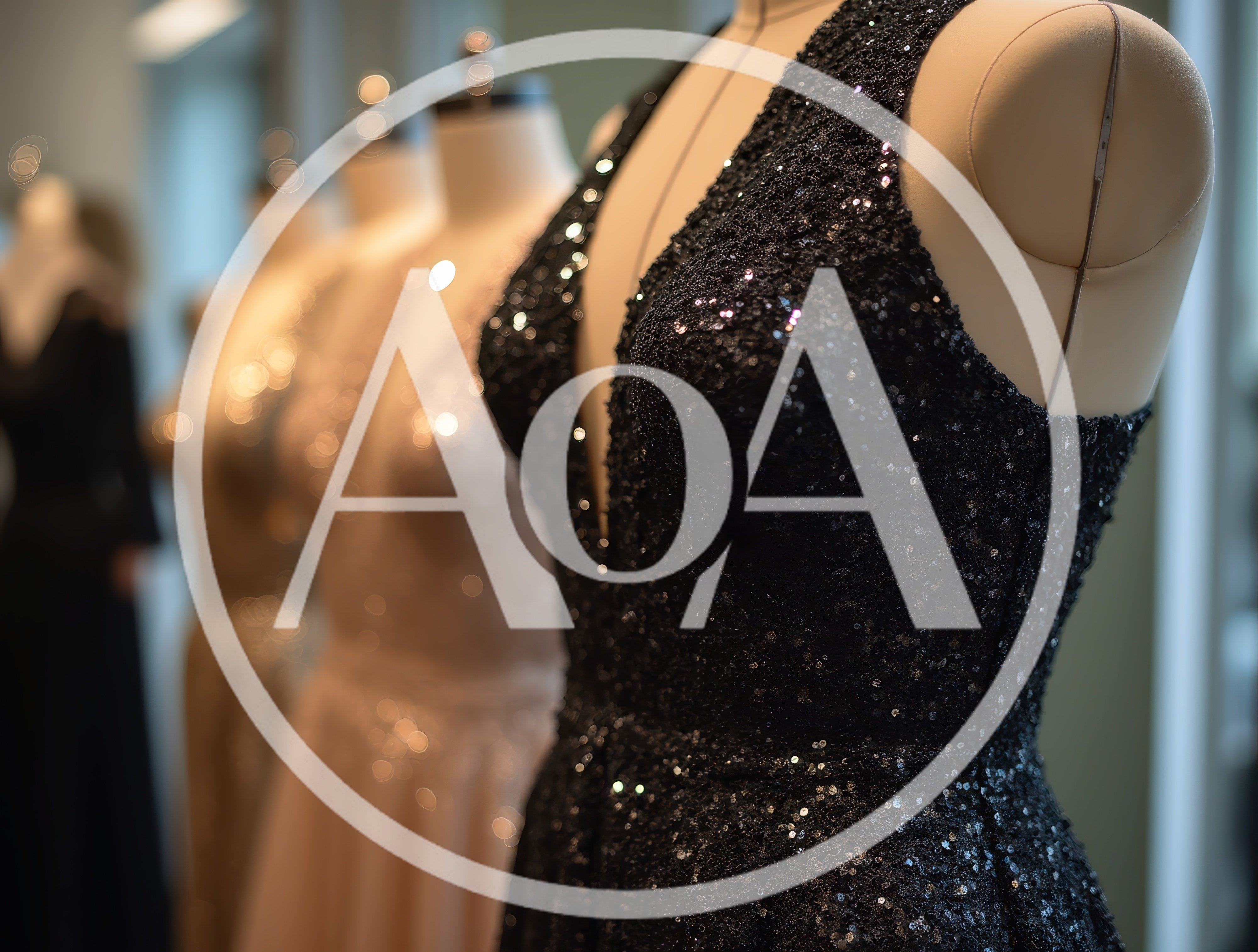 Row Of Elegant Sequin Evening Gowns On Mannequins