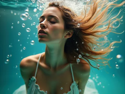 Young Woman Swimming Underwater With Flowing Hair