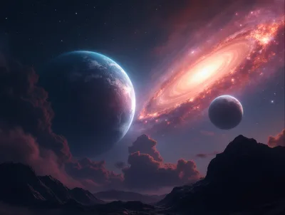 Surreal Alien Landscape With Two Planets And Glowing Galaxy