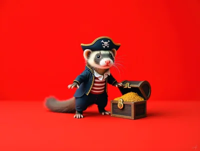Cute Ferret Dressed As A Pirate With Treasure Chest