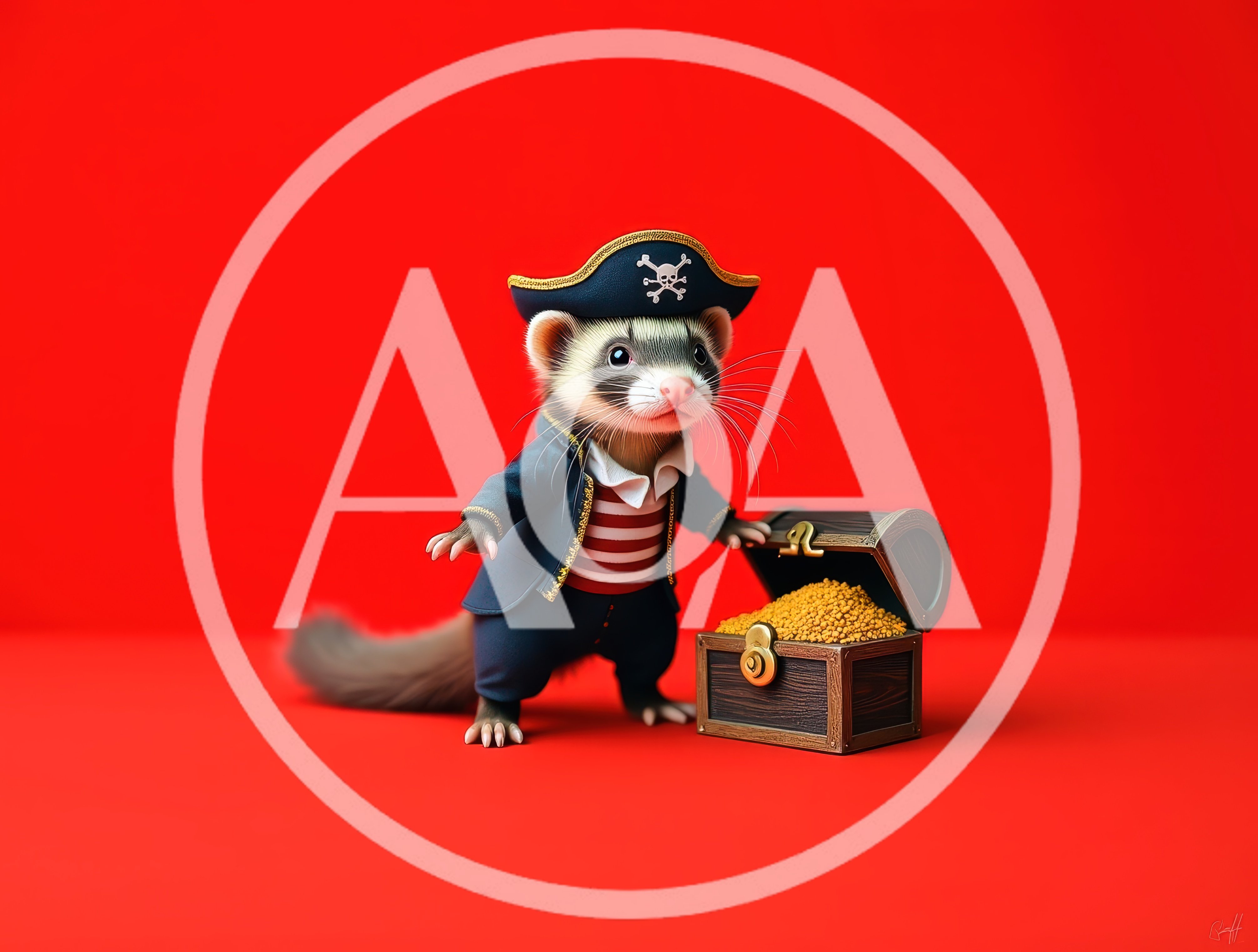 Cute Ferret Dressed As A Pirate With Treasure Chest