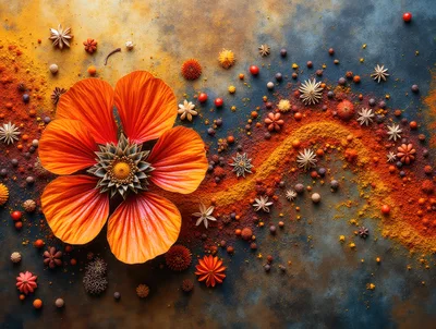 Vibrant Orange Flower Surrounded By Spices And Star Anise