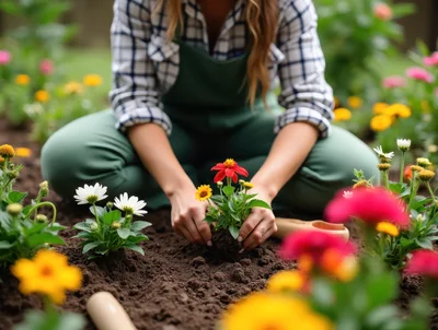 Woman Planting Flowers In A Garden