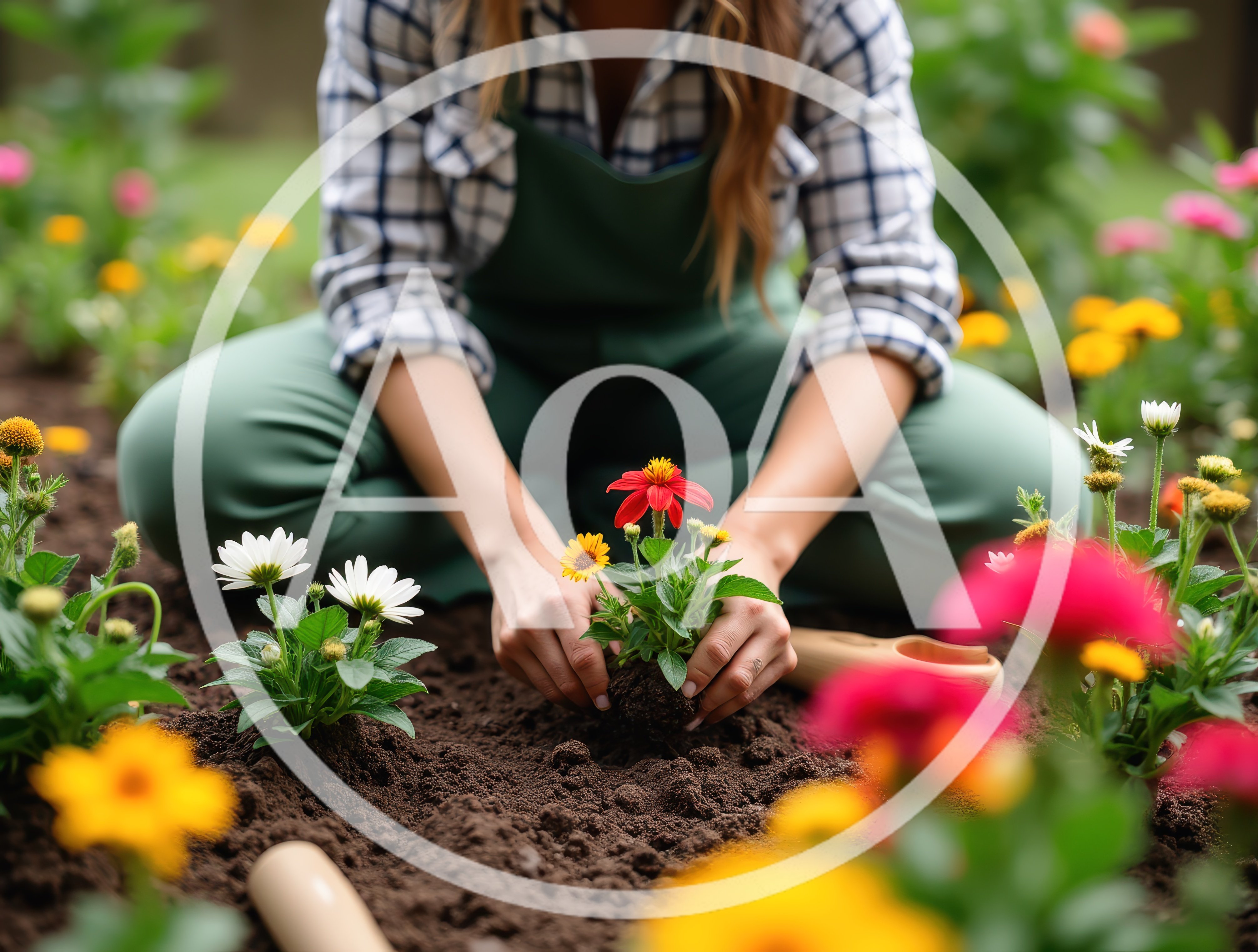 Woman Planting Flowers In A Garden