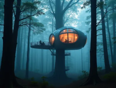 Futuristic Spherical Treehouse In A Misty Forest