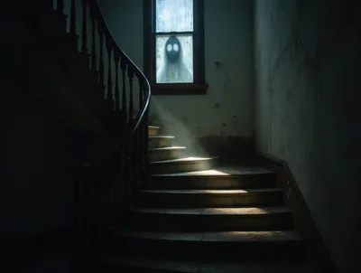 Ghostly Figure Appearing In A Dark Haunted Staircase Window