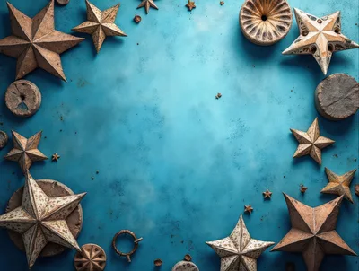 Rustic Christmas Stars Arranged on Blue Textured Background
