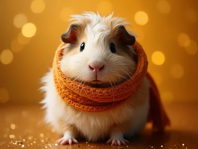 Cute Guinea Pig Wearing An Orange Knitted Scarf