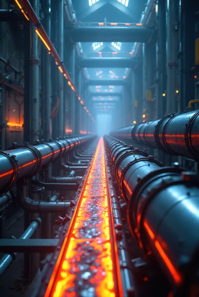 Molten Metal Moving Along Industrial Conveyor Belt