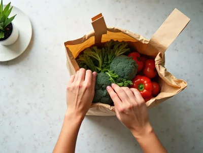 Person Packing Fresh Vegetables Into A Paper Grocery Bag