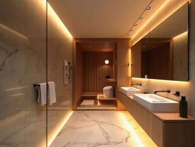 Modern Luxury Bathroom With Wooden Sauna And Marble Tiles