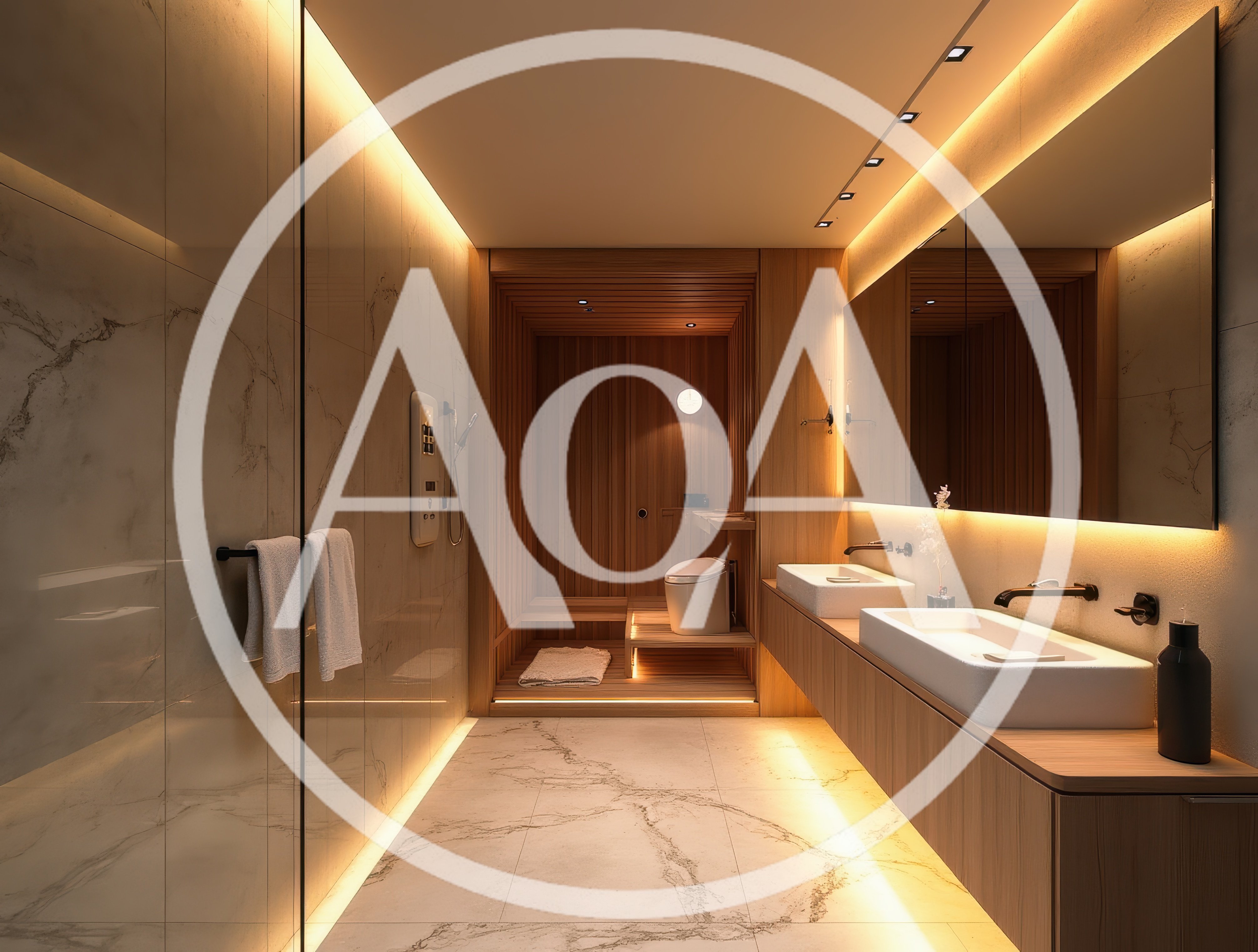 Modern Luxury Bathroom With Wooden Sauna And Marble Tiles