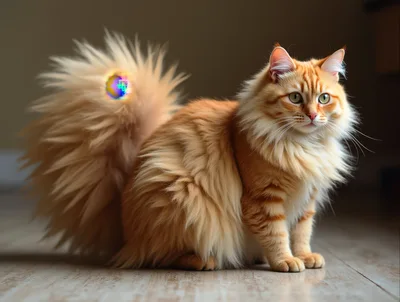 Fluffy Ginger Cat Sitting On Wooden Floor