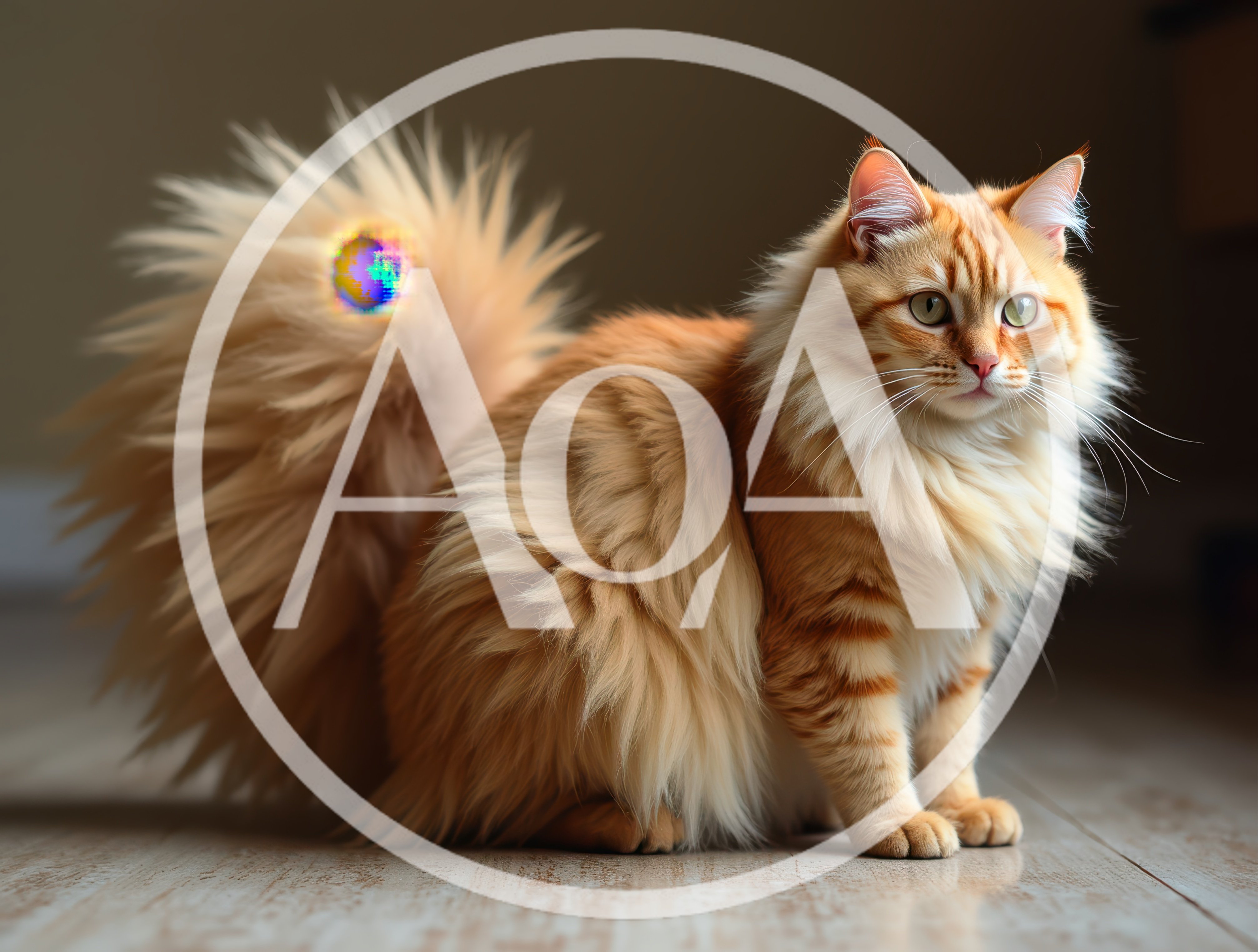 Fluffy Ginger Cat Sitting On Wooden Floor